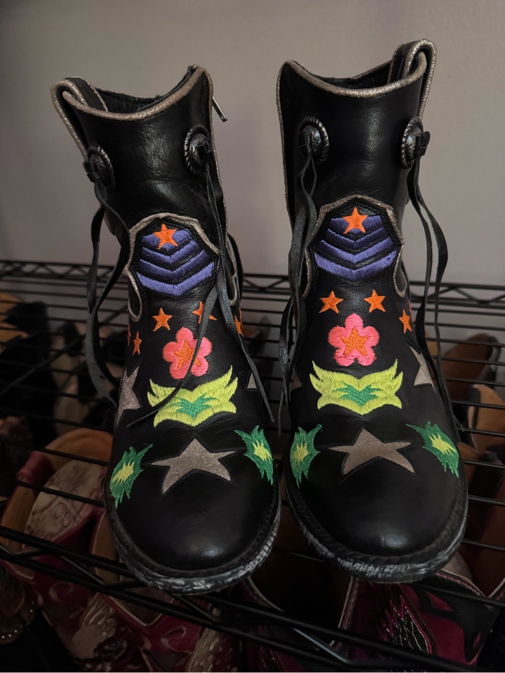MEXICANA Black Leather Embroidered Floral & Star Ankle Boots